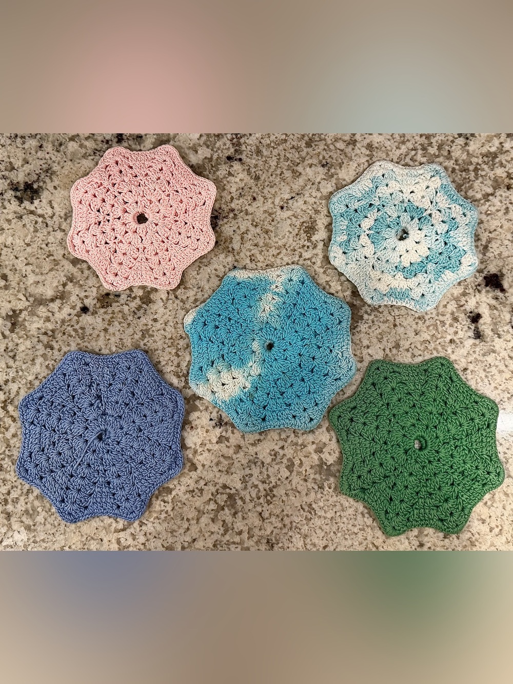Handmade Crochet Starburst Coasters Set Pastel Pink Blue Green Kitchen Decor